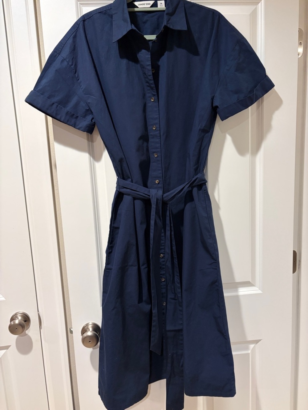 Lands' End Navy Button-Front Midi Shirt Dress with Tie Waist
